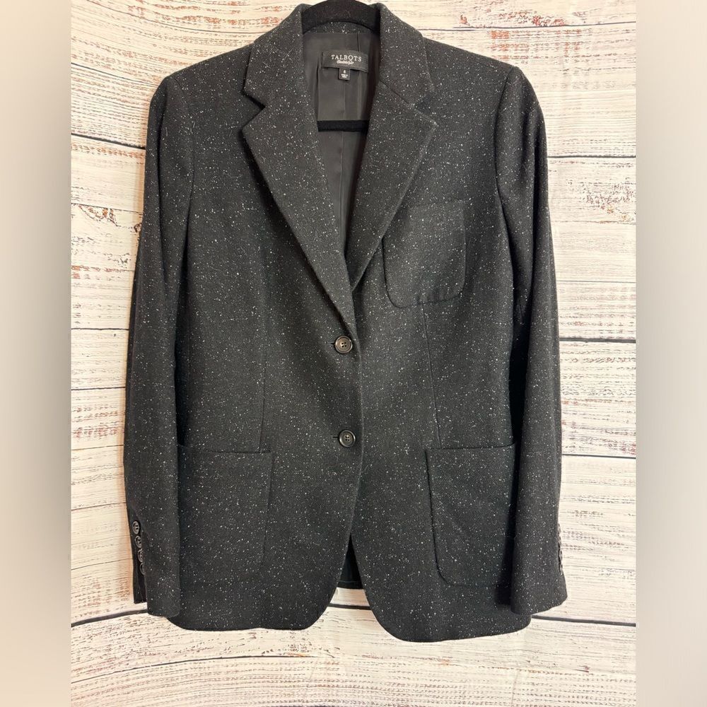 Talbots Blazer Womens Sz 6 Wool silk‎ Blend Black Speckled Donegal jacket Preppy